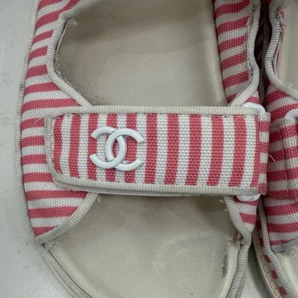 Chanel Printed Calfskin Velcro Dad Flat Mules Sandals Red Stripe 38 EU / 8 US - Picture 4 of 10